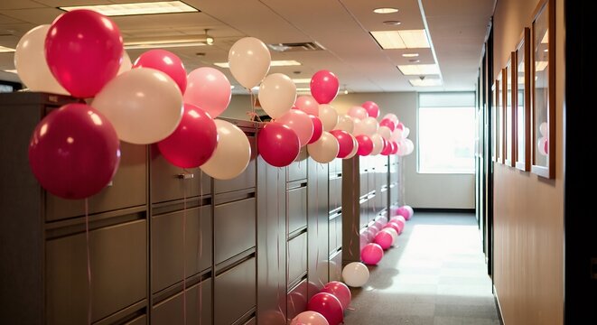 Pink and white balloons decorating an office hallway for a party. Corporate celebration for a birthday or special event. Employee appreciation and positive workplace culture - Powered by Adobe