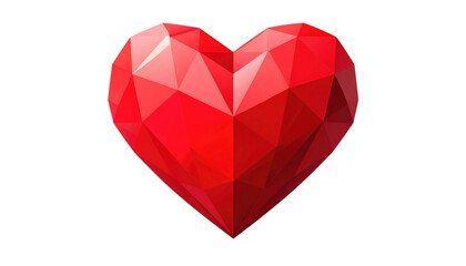 A vibrant, three-dimensional geometric heart, composed of numerous red triangular facets. The heart is isolated on a black background