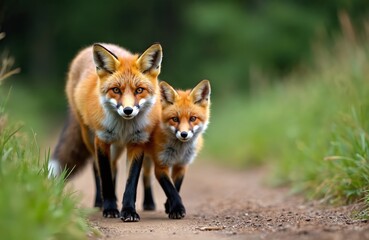 Naklejka premium Mother and baby red fox walk on dirt path in forest. Adult fox with young cub explore nature, looking ahead. Wild animals in habitat, green grass blurred background.