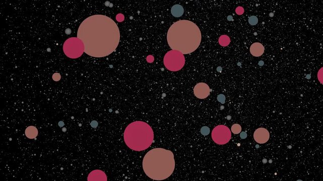 Animation of various colored circles or balls floating against a black background filled with tiny white particles. Camera dynamic movement cross retro 80s 1970 old theme