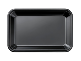 Overhead shot of an empty, rectangular, black tray with rounded corners and slightly raised edges, centered on a black background