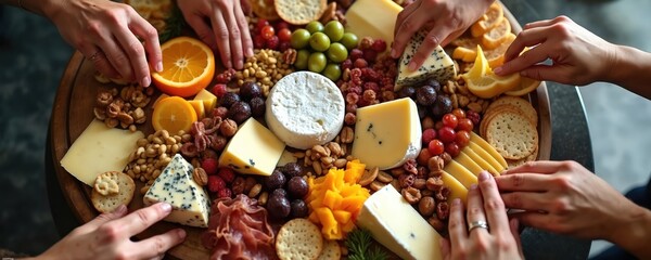 Friends gather around wooden board piled high with assorted cheeses, grapes, nuts, fruits, crackers. Hands reach out to select favorite snacks from appetizer spread. Perfect scene for party.