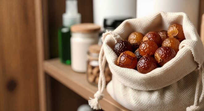Soap nuts in a cotton bag on a wooden shelf. Natural organic laundry detergent alternative. Eco-friendly and zero-waste sustainable living concept