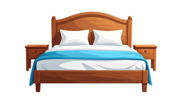 An illustrated depiction of a bed. It features a wooden headboard, two pillows, crisp white linens, a blue throw, and two nightstands
