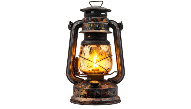 A vintage oil lamp glows brightly against a stark black backdrop. It shows wear and age and the flame is vivid