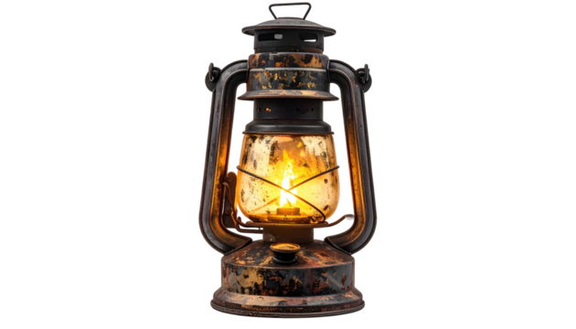A vintage oil lamp glows brightly against a stark black backdrop. It shows wear and age and the flame is vivid