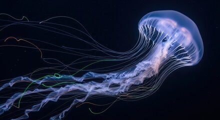 Glowing bioluminescent jellyfish in dark ocean depths