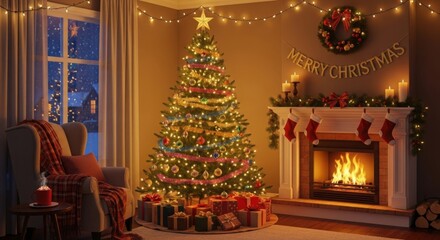 Fototapeta premium Cozy Christmas evening by the fireplace with a decorated tree