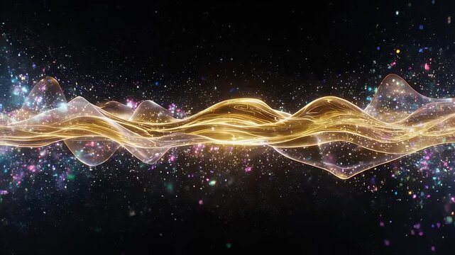 An abstract image features a radiant, golden wave of light against a dark background, interspersed with colorful particles