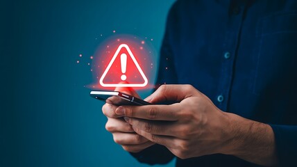Close up of a person holding a smartphone with a glowing red warning and exclamation mark icon appearing above the screen, symbolizing alert or danger notification