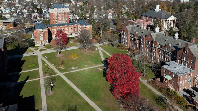 View of collegiate brick buildings casting long shadows on expansive green lawns under a pale sky, with vivid crimson trees standing out, Vassar College Campus, Poughkeepsie, New York, United States.