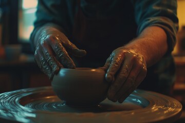 Male potter crafting clay pot on spinning wheel in workshop