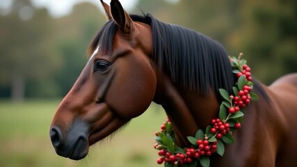 A horse wears a wreath of berries on its head, a beautiful and unique adornment