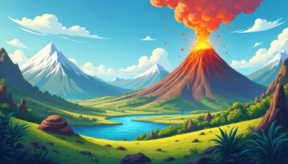 Cartoon volcano erupts in prehistoric landscape. Active volcano in jurassic mountain scene with river, boulders, green grass. Volcanic eruption in tropical nature environment. Cartoon drawing of
