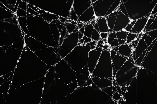 Glistening dew on intricate spider web against dark background