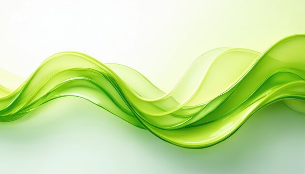 Abstract green wavy lines flow across white background. Smooth gradient curves create dynamic motion. Minimalist digital art suggests fluidity and organic forms for modern designs.