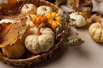 Wicker basket with pumpkins and oak leaves near soft patterned blanket