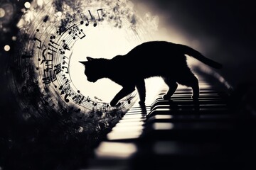 Cat silhouette walking on piano with musical notes in background