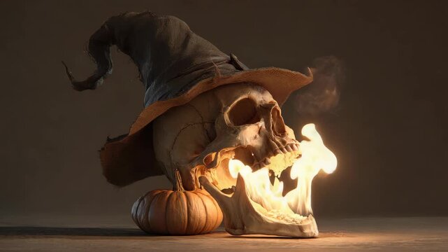 human skull spitting fire, this skull has a witch hat on it and it is supported by a pumkin