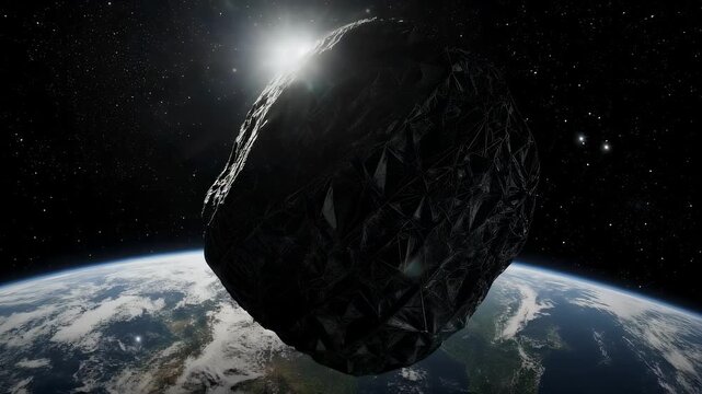 A dark, textured object looms in space, illuminated by the sun, set against the backdrop of a starry sky and Earth below