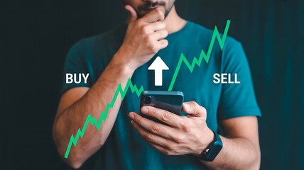 Man looking thoughtfully at his smartphone displaying a rising stock market graph with buy and sell indicators, symbolizing investment decision making and financial trading