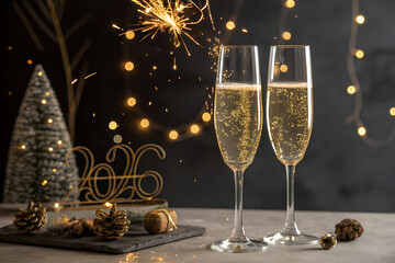 The two champagne glasses clicking with golden bubble in background celebrating happy new year 2026 , illustration art   