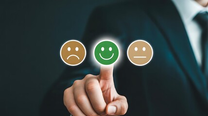Businessman hand selecting a happy face emoji from a set of three satisfaction rating icons, representing customer feedback, service quality, or experience review