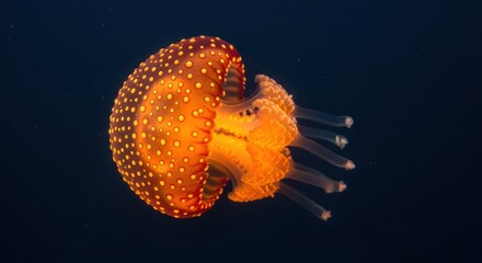 Glowing orange jellyfish floating underwater in deep blue ocean