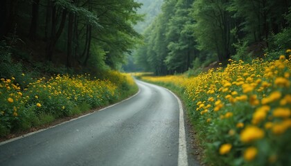 Winding road curves through forest with lush green trees. Abundant yellow wildflowers border the asphalt path creating a vibrant natural scene perfect for travel.