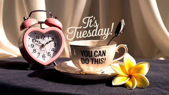 Motivational Tuesday themed composition featuring heart shaped clock tea cup flower