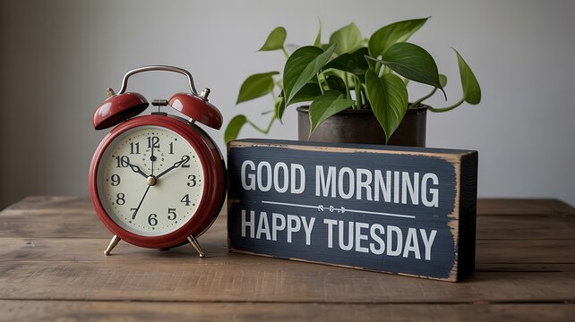 Red alarm clock alongside happy Tuesday sign with plant on wood