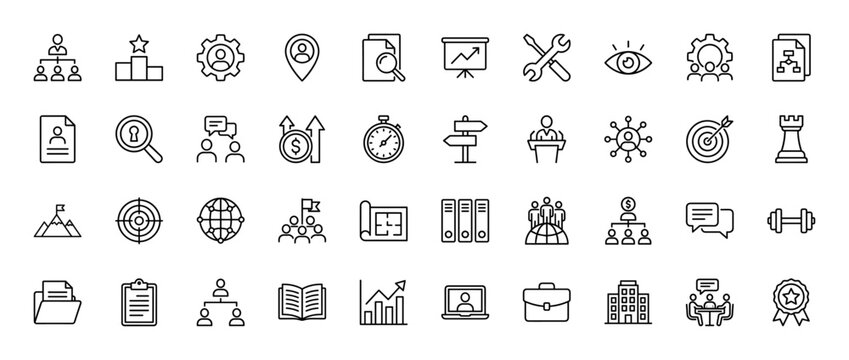 Business and management line icon set. Vector pictograms of teamwork, strategy, planning, finance, and career growth, thin linear illustration. - Powered by Adobe