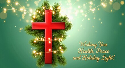 Religious Christmas greeting with red Christian cross on pine branches. Festive holiday background with glowing fairy lights. Symbol of faith, hope, and peace for the holiday season