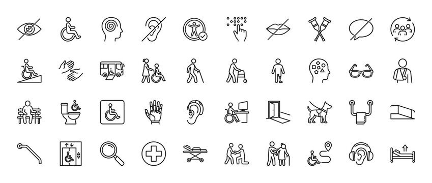 Disability and accessibility line icon set. Vector pictograms of wheelchair user, guide dog, hearing aid, and ramp, thin linear illustration.