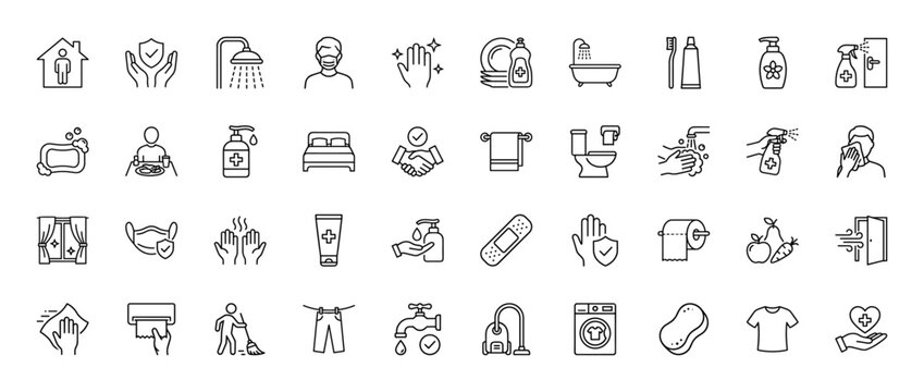 Hygiene and sanitation line icon set. Vector pictograms of washing hands, showering, toothbrush, soap, and protective mask, thin linear illustration.
