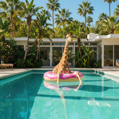 Giraffe Relaxing on a Donut Float in a Luxury Pool &ndash; Surreal Summer Vacation Concept