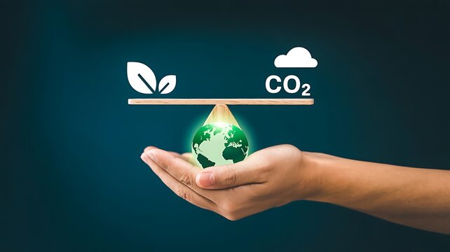 Hand holding glowing earth balancing leaves against co2 emissions on a seesaw representing environmental sustainability and carbon footprint reduction concept