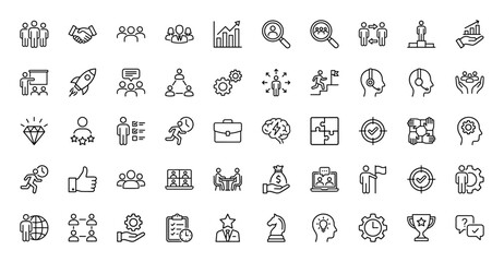 Business and human resources line icon set. Vector pictograms of teamwork, management, career, and recruitment, thin linear illustration.