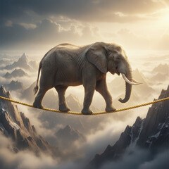 Elephant Balancing on Tightrope Above Misty Mountains &ndash; Surreal Wildlife Concept Art