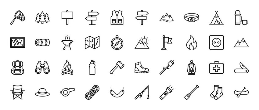 Camping and outdoor recreation line icon set. Vector pictograms of backpack, compass, tent, binoculars, and map, thin linear illustration.