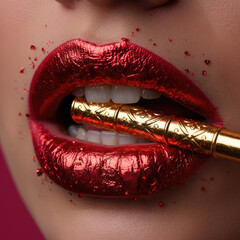 Metallic Red Lips Holding Ornate Golden Object &ndash; Bold Beauty Concept Photography