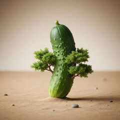 Surreal Cucumber Tree in a Minimal Desert Landscape &ndash; Whimsical Nature Concept