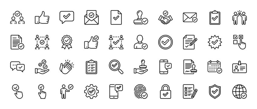 Approval and confirmation line icon set. Vector pictograms of handshake, clipboard, stamp, checklist, and security padlock, thin linear illustration.