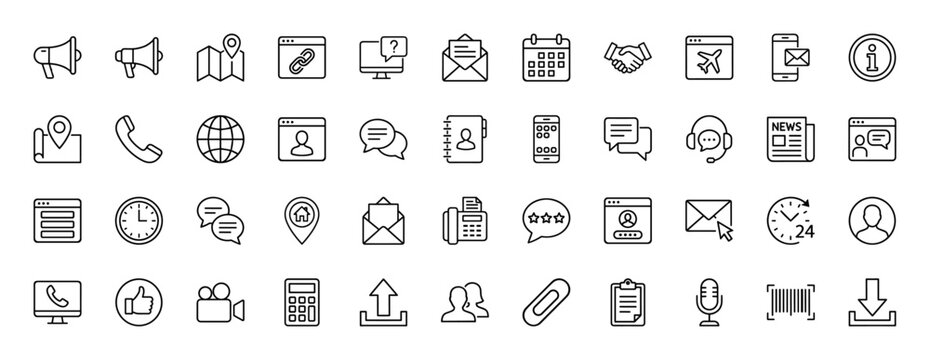 Business and communication line icon set. Vector pictograms of a phone, calendar, email, contact book, and clock, thin linear illustration.