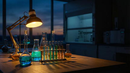 Explore a dimly lit laboratory showcasing vibrant glass beakers and flasks under warm illumination, perfect for science-themed projects or educational materials.