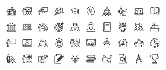 Education line icon set. Vector pictograms of school, student, graduate cap, diploma, teacher, and books, thin linear illustration.