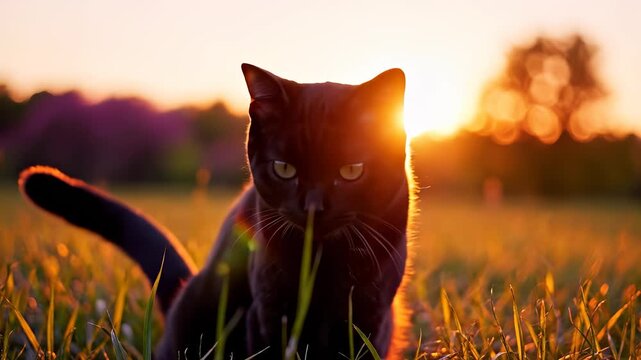 A sleek black cat sits gracefully in the tall grass, illuminated by the soft glow of the sunset. The black cat enjoys the warm colors of the sunset while exploring its natural surr