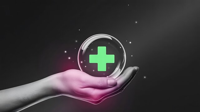 Hand holding a glowing sphere containing a bright green medical cross symbol, representing health, first aid, or positive care concept against a dark background - Powered by Adobe