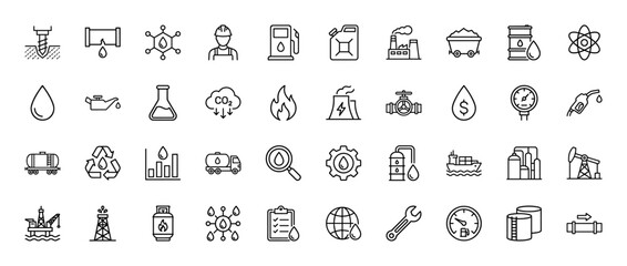Petroleum and oil industry line icon set. Vector pictograms of drilling, refinery, fuel, gas, and transport, thin linear illustration.