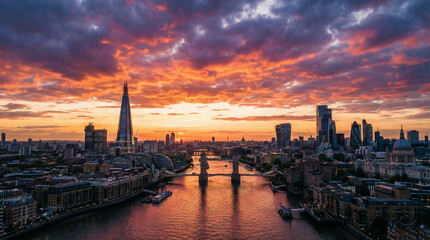 Vibrant evening glow above the River Thames, highlighting London's skyline. Ideal for travel brochures or evening scene backgrounds.